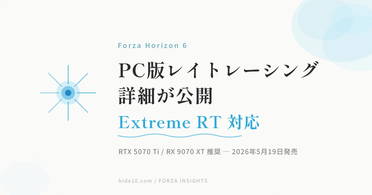 Featured image of post Forza Horizon 6 PC版のレイトレーシング詳細が公開 — RTX 5070 Ti でExtreme RT、DLSS 4・FSR 4対応